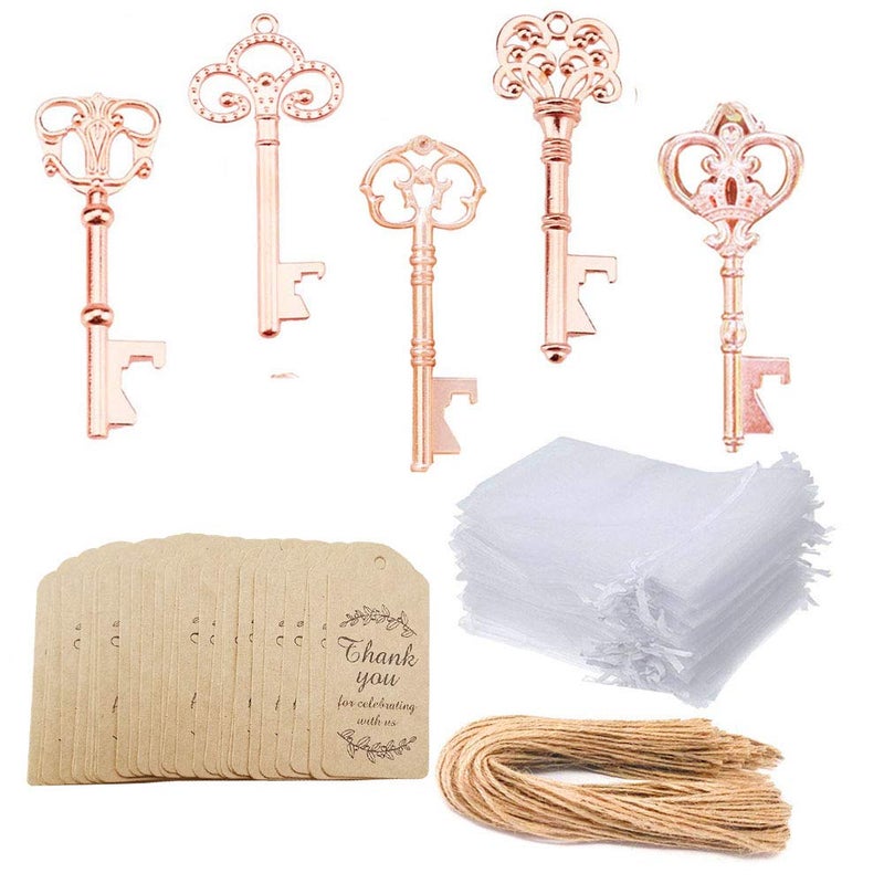 Bodosac Awtlife 50 Pcs Rustic Vintage Skeleton Key Bottle Opener with Tag Cards Sheer Bag for Wedding Party Favors 5 Style Gold Rose - Image 1